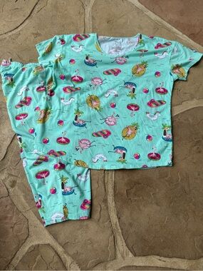 Secret Treasures, Mint Green Flamingo & Floatie Pajama Set, Size Large (12/14)